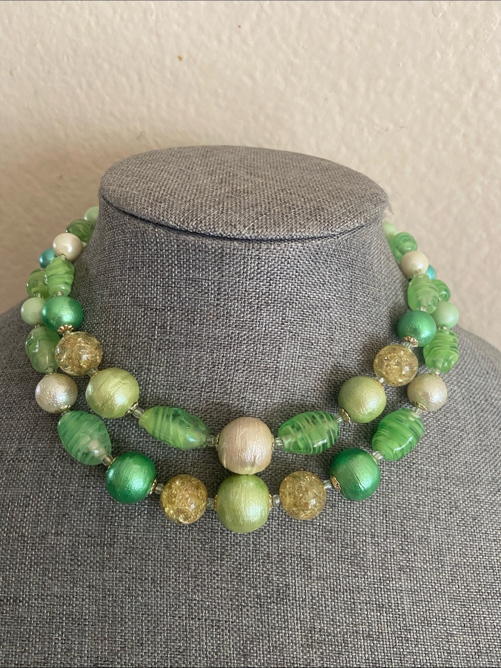 Vintage 50s JAPAN 2 Strand Glass & Plastic Beaded Choker Necklace